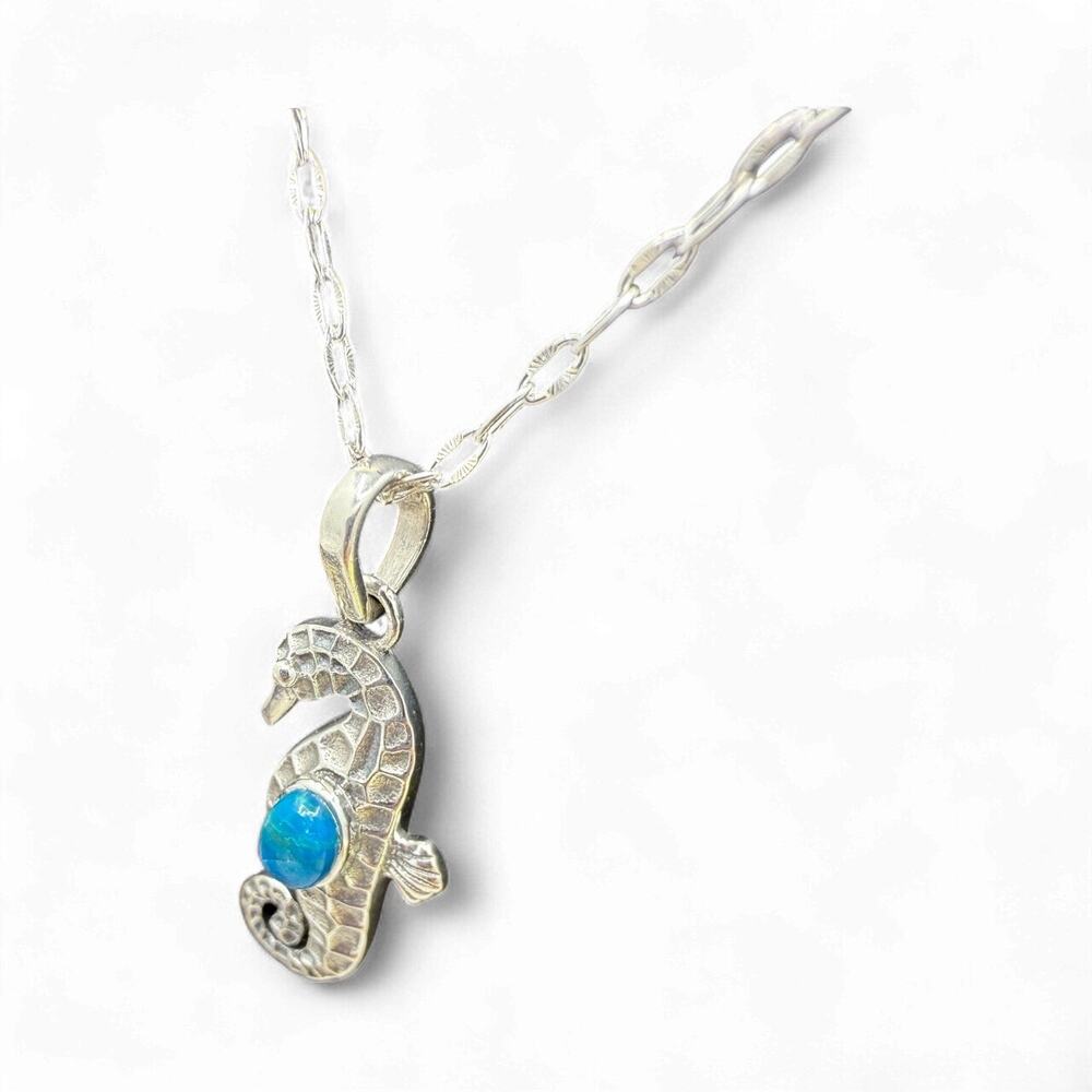 Natural Blue Chilean Opal Seahorse Pendant Necklace 925 Sterling Silver Handmade - Picture 3 of 7